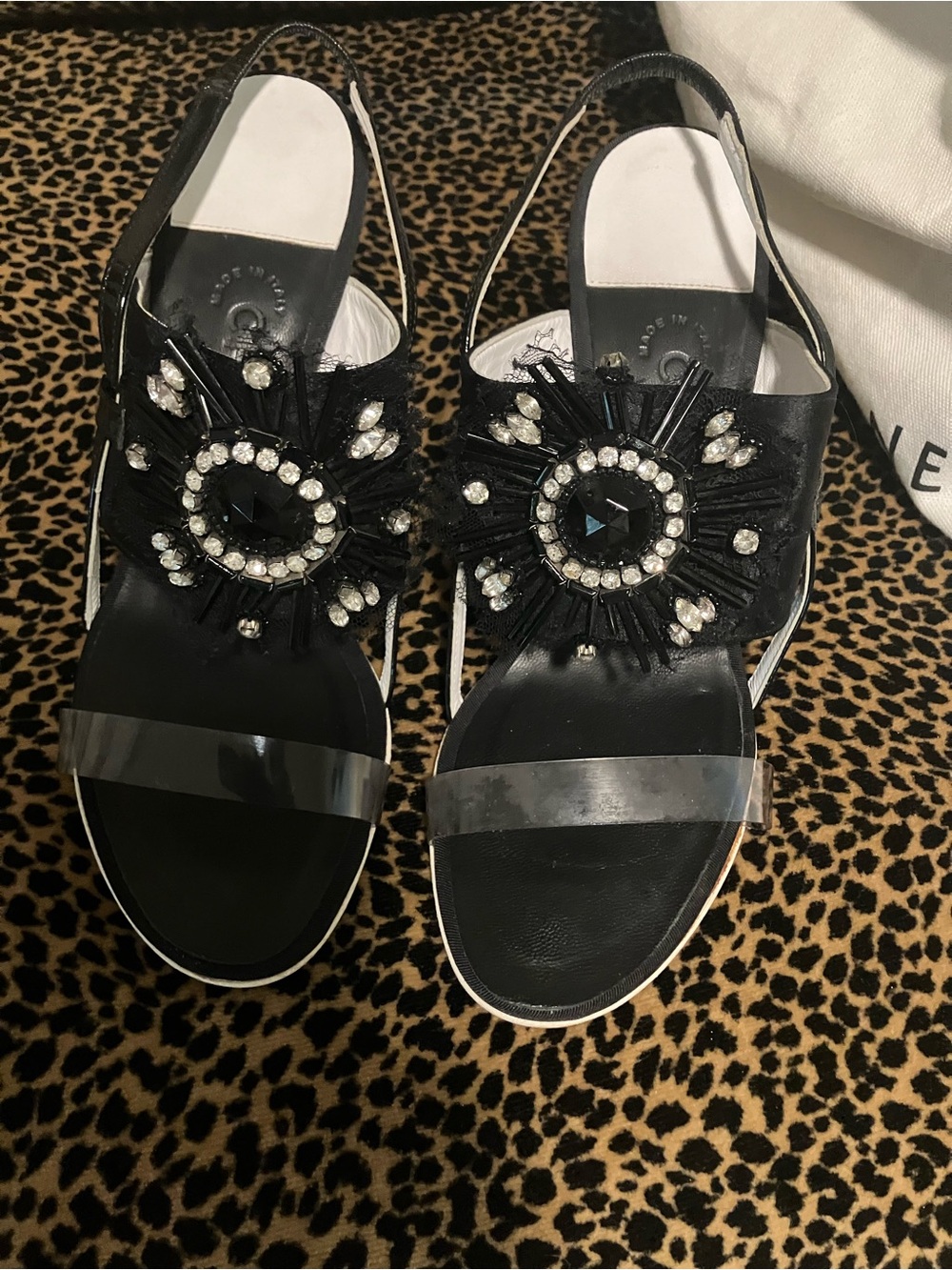CHANEL Black Embellished Slingback Sandals with Clear Toe Strap